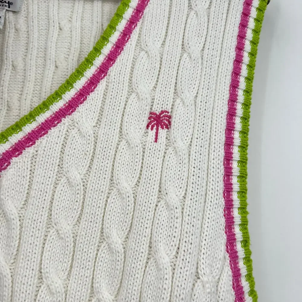 Vintage Lilly Pulitzer White Cable Knit Sweater Vest V-Neck 100% cotton medium